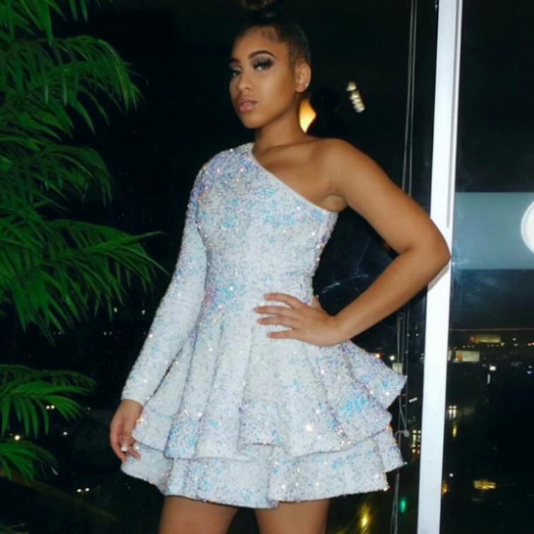 Sparkling Short V Neck Prom Dresses 2022 Sequin Birthday Party Gown One Shoulder Robe De Soiree