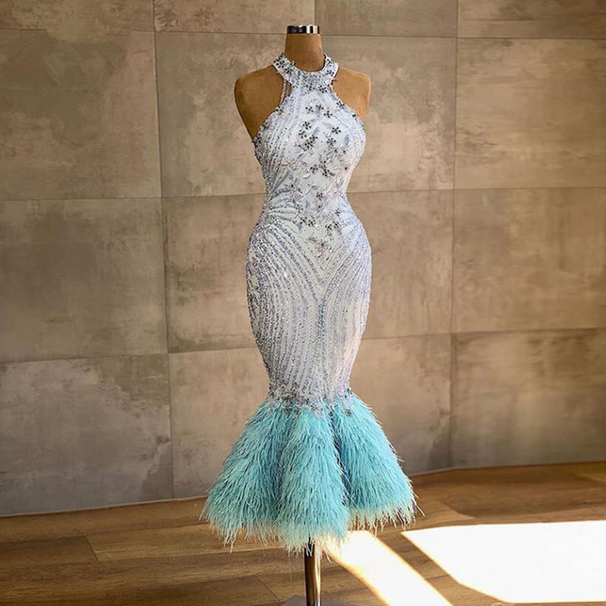 Luxury Crystal Mermaid Prom Dresses With Blue Feather Ankle Length Evening Gowns Custom Halter Party Dress