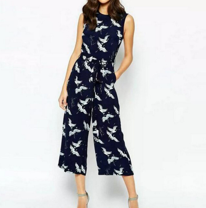 New fashion womens jumpsuit o-neck sleeveless bird print sashes high waist wide leg loose long pants rompers SMLXL