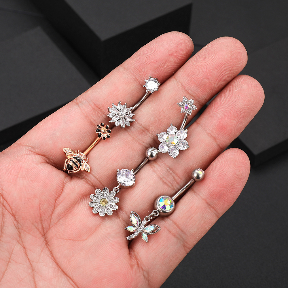New Surgical Titanium Stainless Steel Belly Button Ring Diamond Butterfly Dangle Navel Barbell Stud for Women Rose Gold Cubic Zirconia Piercing Bling 