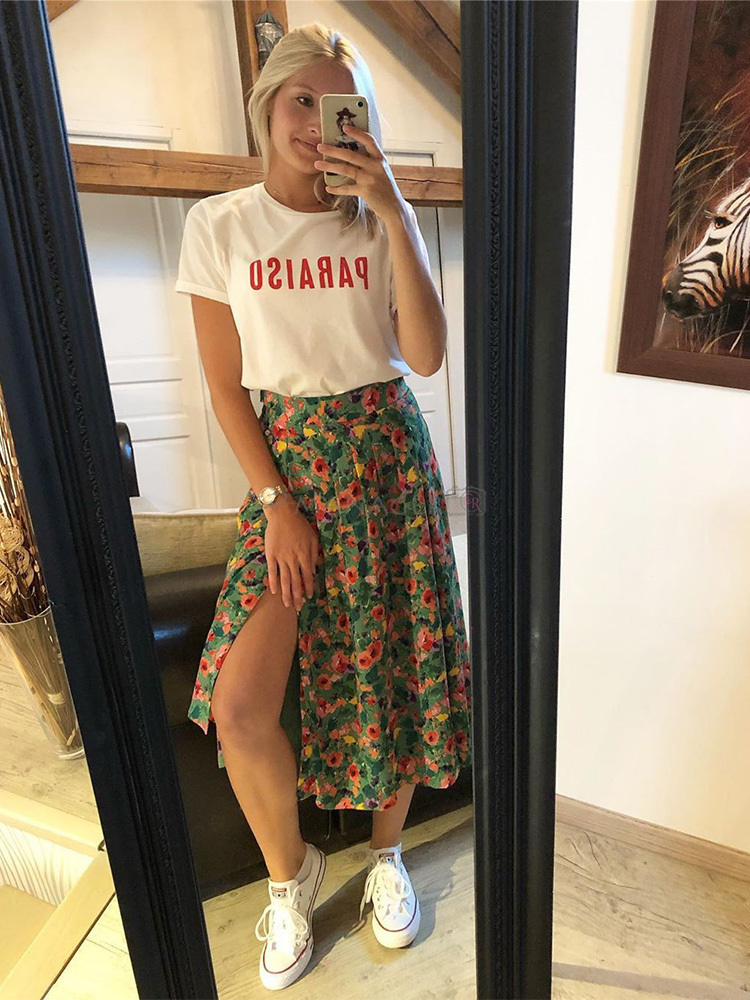 KBAT Spring Vintage Green Long Skirt High Waist Print Seaside Holiday Pleated Split Elegant Floral Women 220701