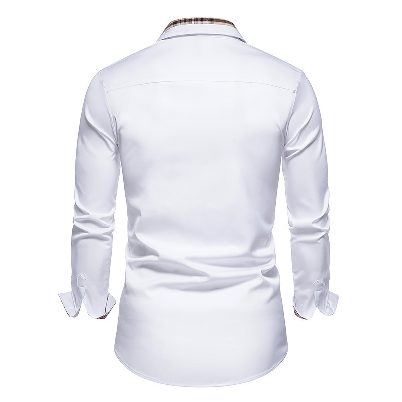 PARKLEES Autumn Plaid Patchwork Formal Shirts for Men Slim Long Sleeve White Button Up Shirt Dress Business Office Camisas 220322