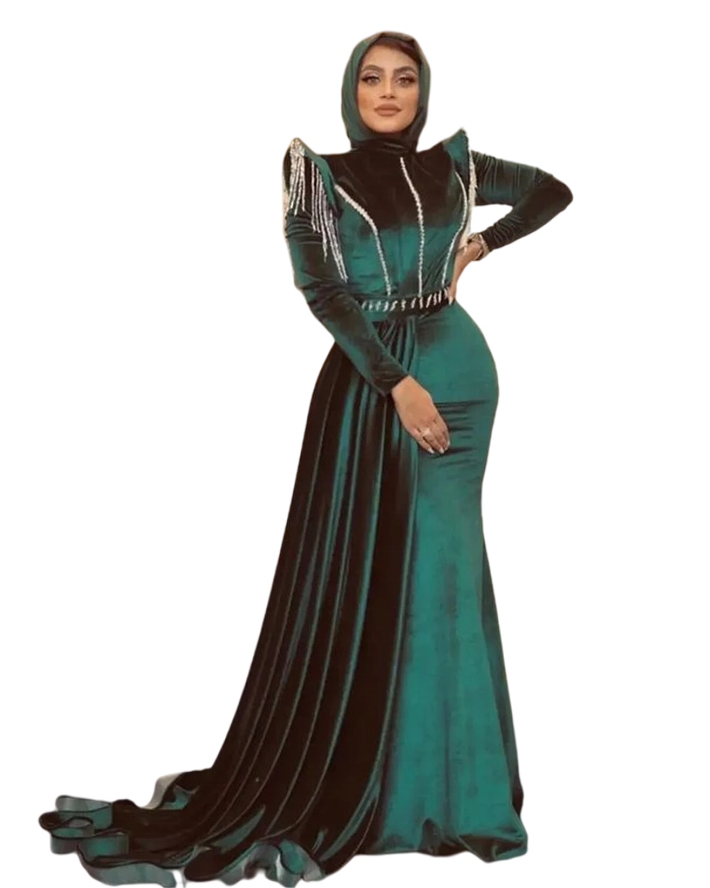 Hunter Green Muslim Evening Dress 2022 arabic Celebrity Mermaid Elegant Velvet Dinner prom Dresses With Cape Tassels vestidos