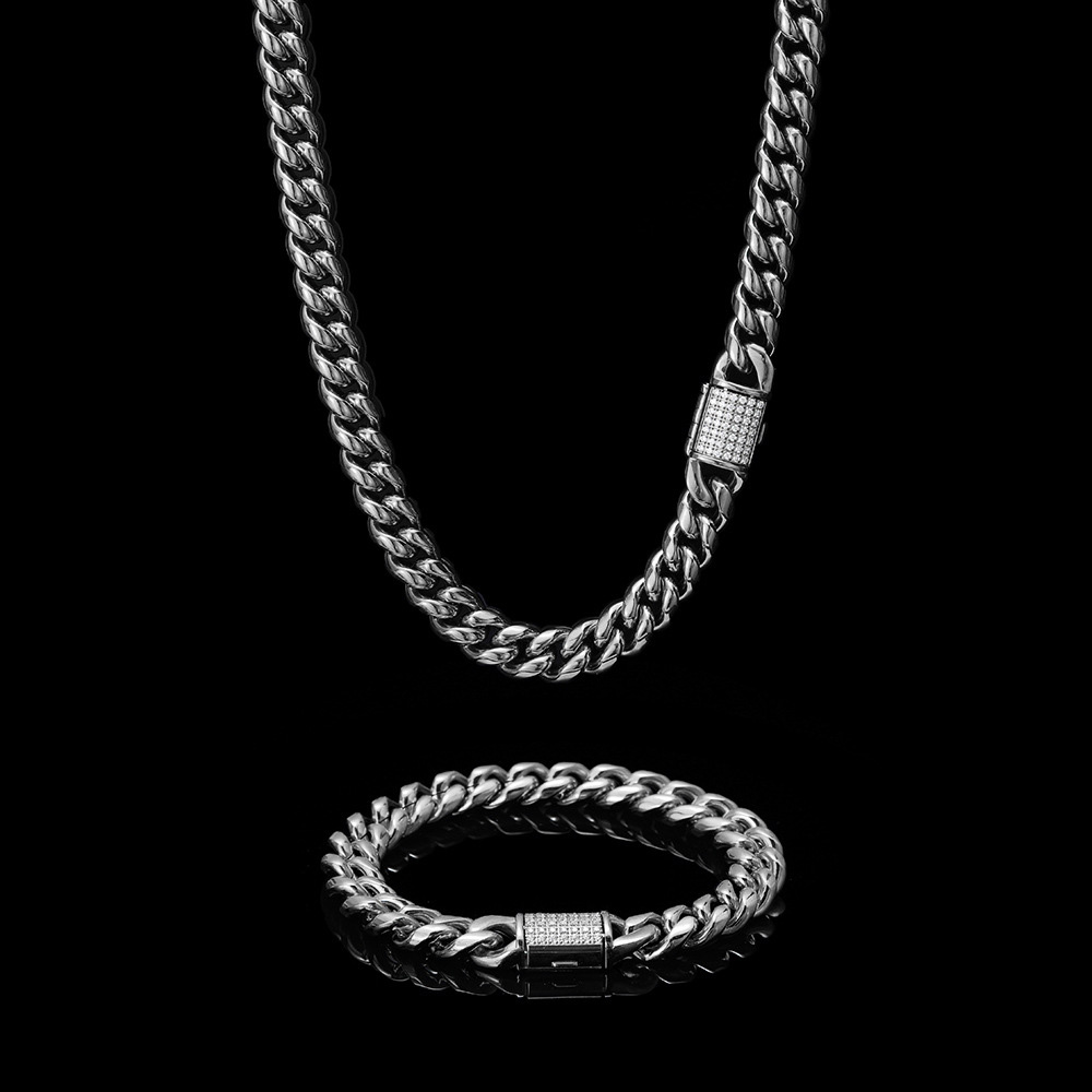 Cuban Link Chain Necklace Bracelet Set Heavy 18K Gold Plated Stainless Steel Metal Diamond Chain Choker Jewelry for Boys Girls