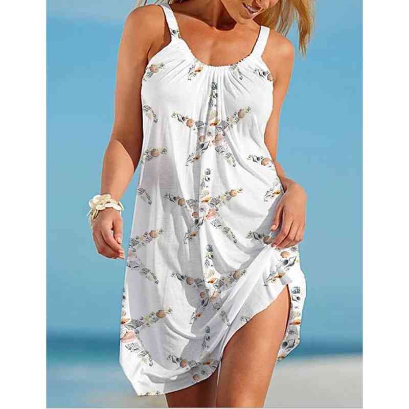 Sea World Starfish Print Dress Women's Fashion Summer Strap Beach Dress Bohemian Sleeveless Party Dresses Elegant Sundress Hem G220510