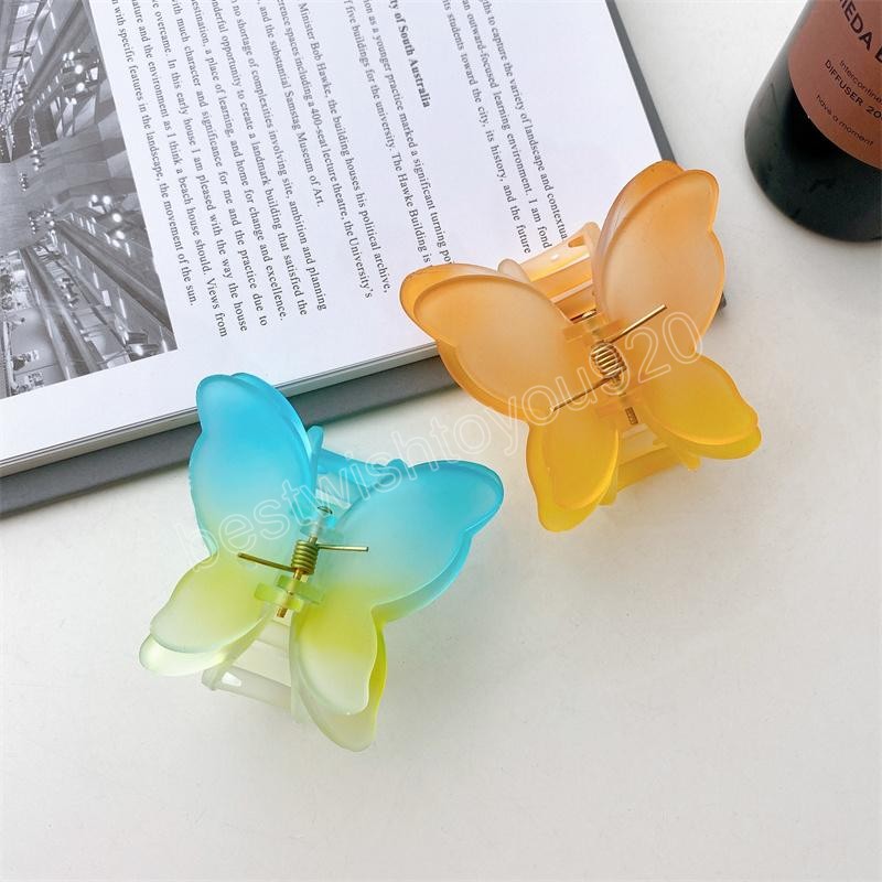 Women Mist Gradient Butterfly Bath Hair Clamps 7 CM Medium Plastic Alloy Animal Hair Clips European Girl Head Wear Ponytail Scrunchies Hairpins Claw A