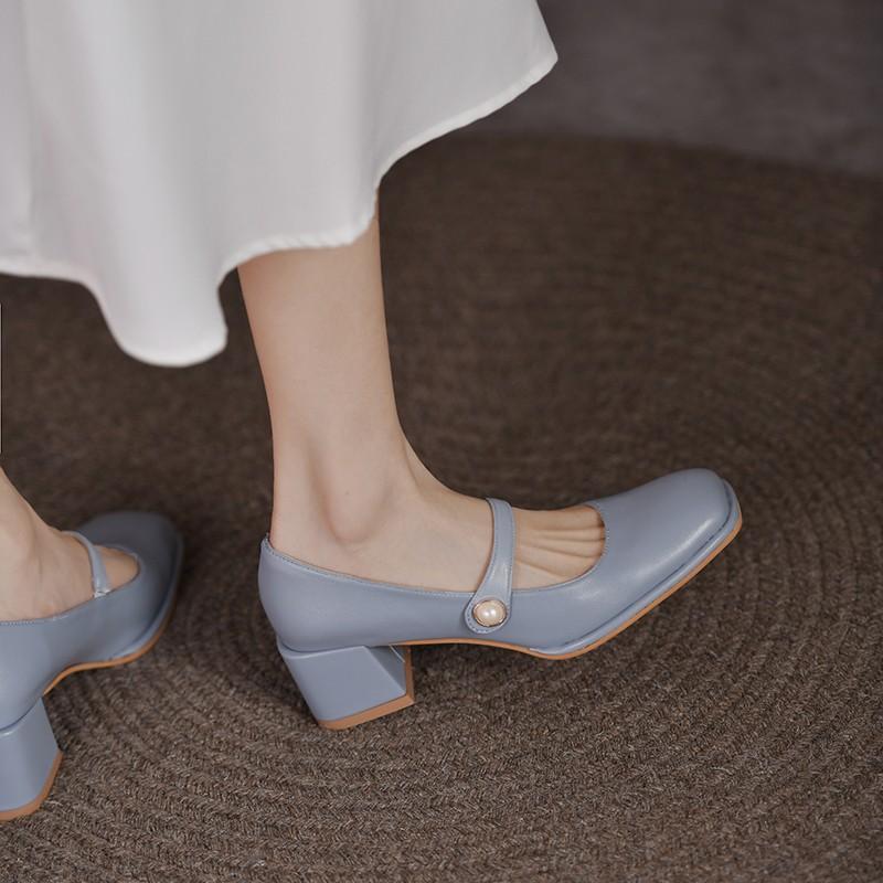 Dress Shoes French Temperament Ladies High Heels Thick Bottom Shallow Mouth Spring Summer Buckle Fashion Black Banquet ShoesDress, Beige