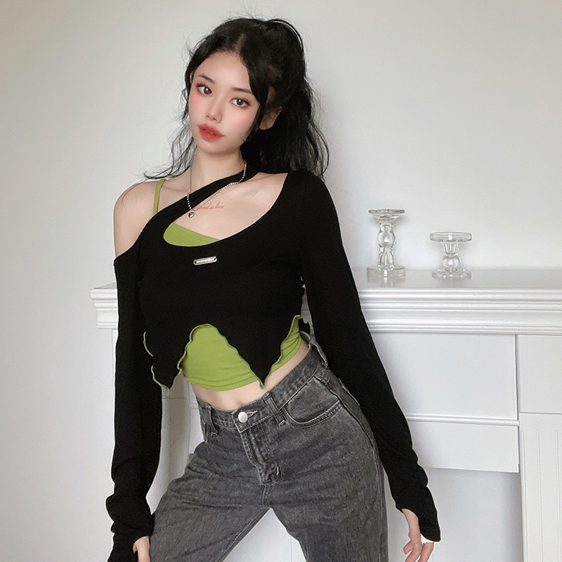 Tonngirls Y2k Vintage T shirt Grunge Tie Dye Crop Tops 2 piece Women Casual Camis Streetwear Long Sleeve Lace Up Tee Top 220714