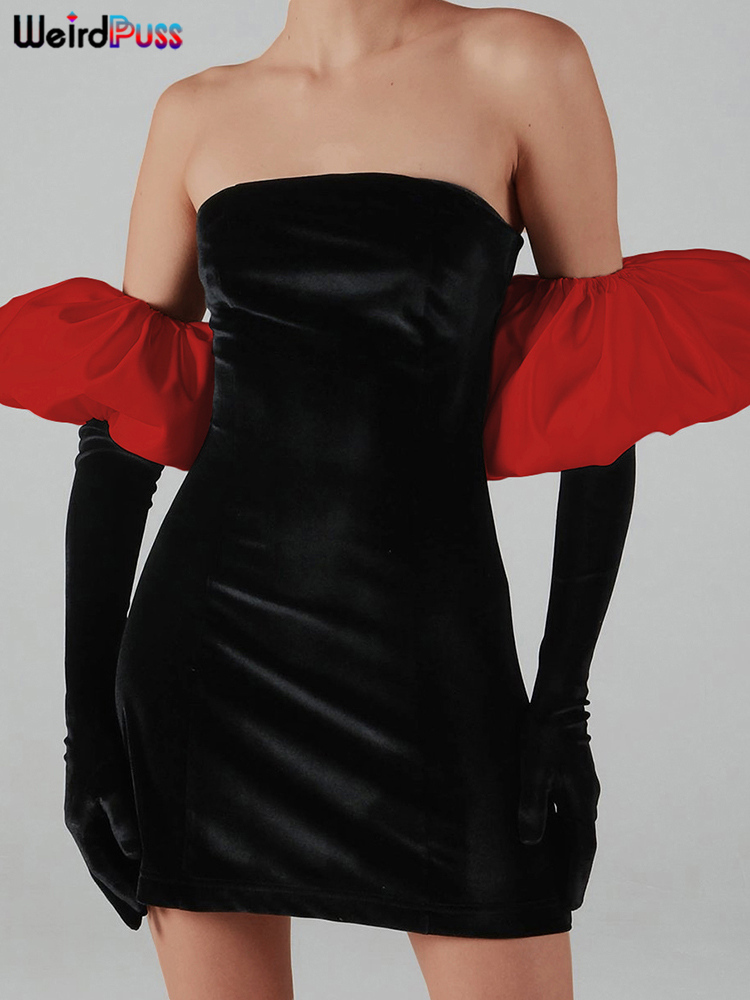 Weird Puss Women Strapless Velvet Dress Elastic Bodycon With Clouds Gloves Birthday Vacation Party French Romantics Streetwear 220406