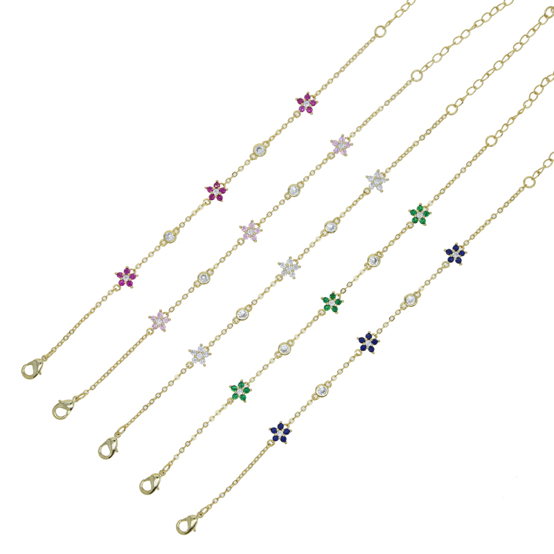 New Arrived Cz Station Link Chain Flower Charm Bracelet 15+4cm Extend Chain Cute Lovely Women Girl Fashion Bracelets