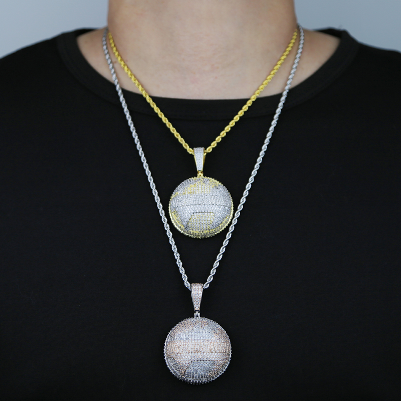 sdzstone Hip Hop Round Shaped Map Pendant Necklace with Rope Chain Bling Cubic Zirconia Paved Fashion Charm Men Women Jewelry
