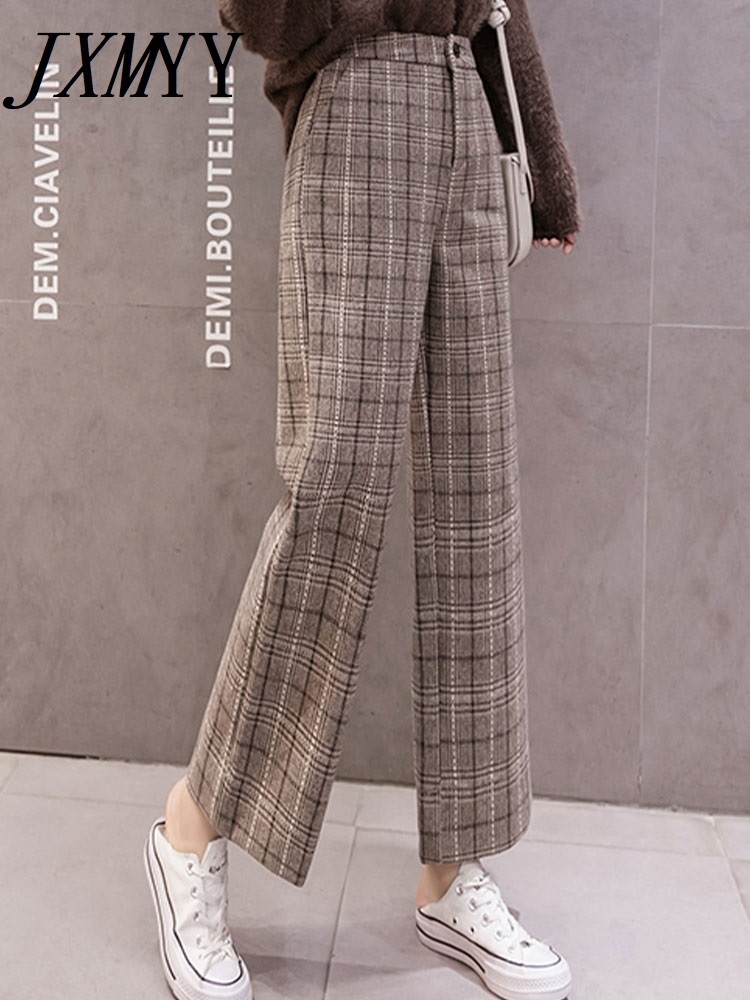 Autumn Winter Woolen Plaid Pant Elastic High Waist Ankle-length Pant Plus Size Harajuku Wide Leg Trousers Goth 220325