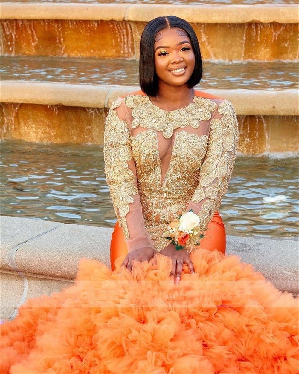 Aso Ebi Style Orange Mermaid African Prom Dresses For Black Girls Golden Beading Rhie Ruffles Party Dress Robe De Bal 6660306