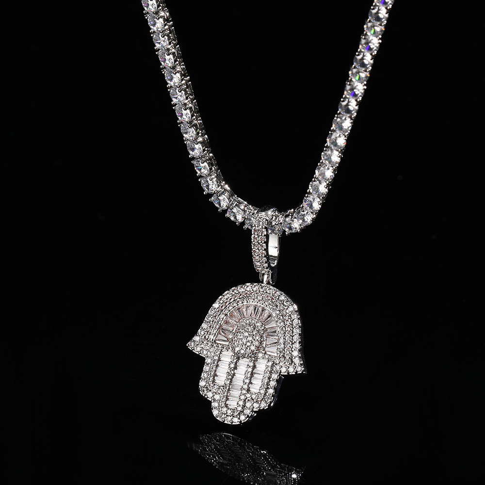 Cubic Zirconia Hand of Fatima Pendant Necklace - Unisex Hip Hop Jewelry, Platinum-Plated, Gift Idea