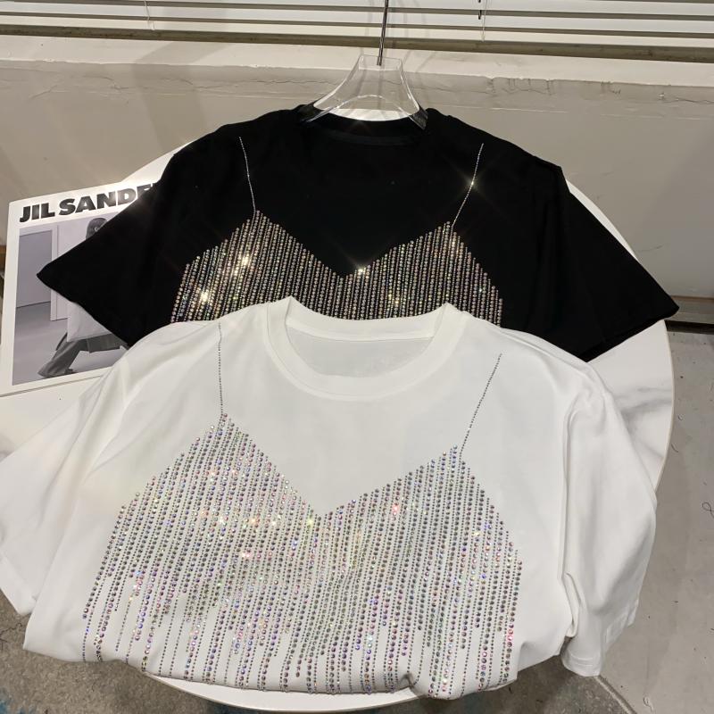New design womens fashion cool o-neck short sleeve loose rhinestone shinny bling long t-shirt tops