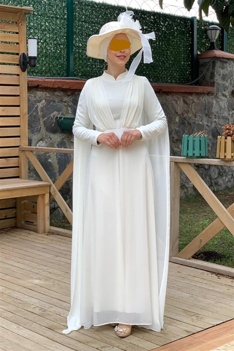 Elegant Arabic Muslim White Chiffon Evening Dresses 2022 Long Sleeve Ribbons A Line Simple Celebrity Party Gowns Floor Length Moroccan Kaftan Prom Wea