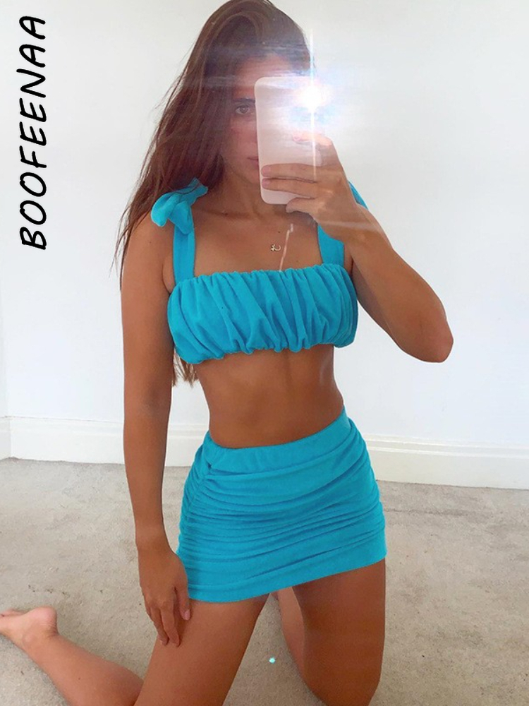 BOOFEENAA Women Clothing 2 Pieces Set Bow Tie Ruched Mini Skirts and Crop Top Sexy Summer Outfits Matching Sets C83CE29 220602