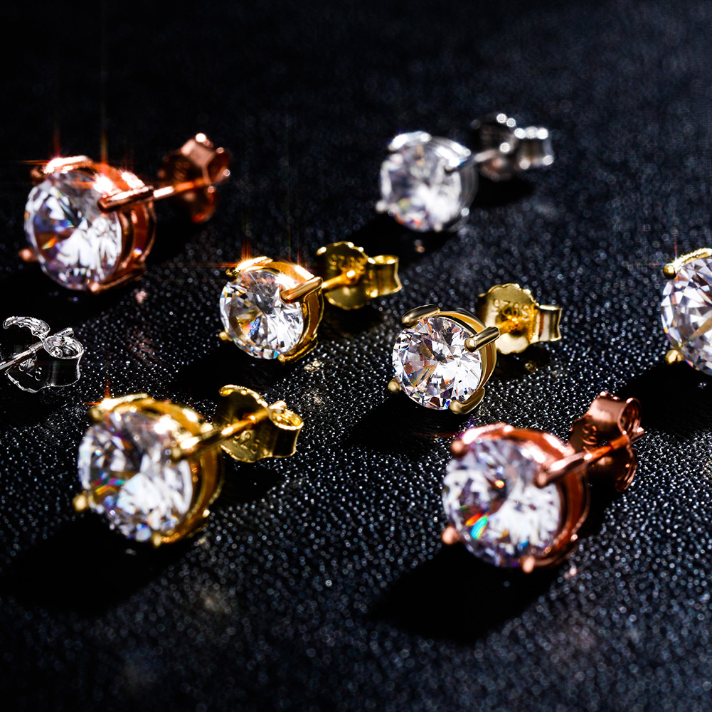 Vintage 4 6 8MM Round Cut CZ Stud Earrings Gold 925 Sterling Silver Fashion Jewelry For Women Hip Hop Fashion Iced Out Prong Cubic Zirconia Fine Quali