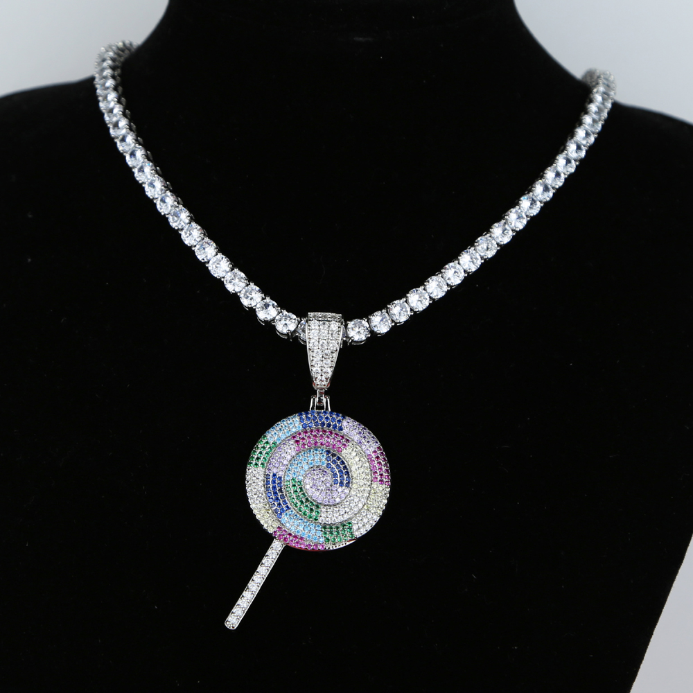 Hip Hop CZ Multi color Lollipop Iced Out Cubic Zircon Necklace Pendant For women Men Jewelry Charm cz Tennis Chain