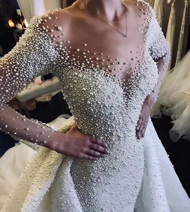 Long Sleeves Gorgeous Mermaid Wedding Dresses Overskirt Bridal Gown Pearls Beaded Sweep Train Custom Made African Plus Size Vestido De Novia