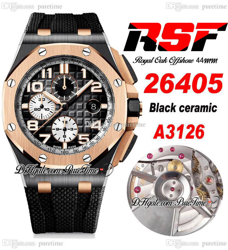 RSF 44mm A3126 Automatic Chronograph Mens Watch Two Tone 18K Rose Gold Bezel Black Ceramic Case Textured Dial Number Markers Rubber Strap Super Edition Puretime A1, Green ceramic
RSF 44mm A3126 Automatic Chronograph Mens Watch Two Tone 18K Rose Gold Bezel Black Ceramic Case Textured Dial Number Markers Rubber Strap Super Edition Puretime A1, Green ceramic