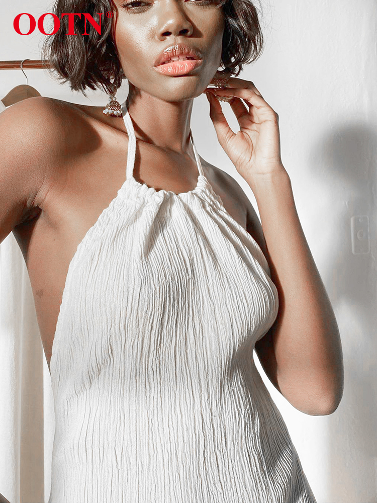 OOTN Halter Knitted Sexy Woman Dress Backless Summer Temperament Elegant Slim Bodycon Dress Midi Long Dresses Vestidos 220511