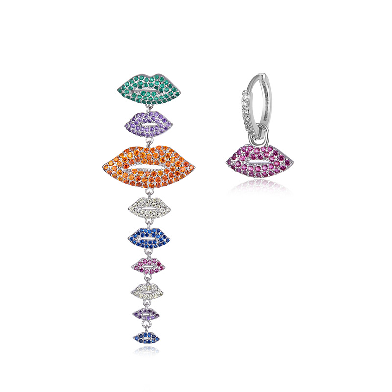 Asymmetry Lips Dangle Drop Earrings Bling Full Colorful Cubic Zirconia Jewelry Women Girl Gift