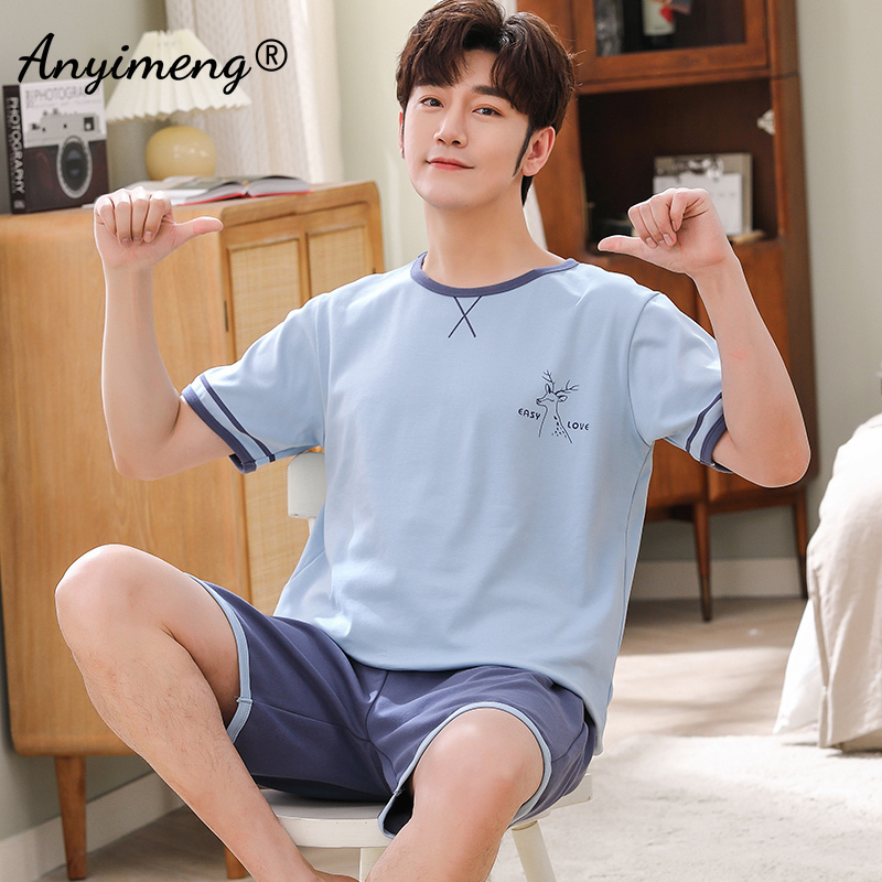 4XL Pajamas Set Cotton for Men Summer Shorts Home Suits Soft Casual Nightwear 3XL Pullover Cartoon Printing Fashion Pyjamas Man 220426