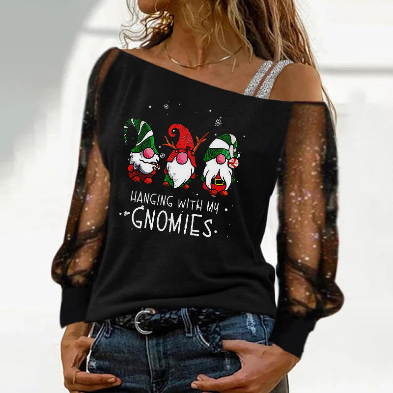 Womens Blouses Sexy Lace Long Sleeves Skew Collar Off Shoulder Patchwork Tee Tops Casual Print Blouses Christmas Clothes 220407