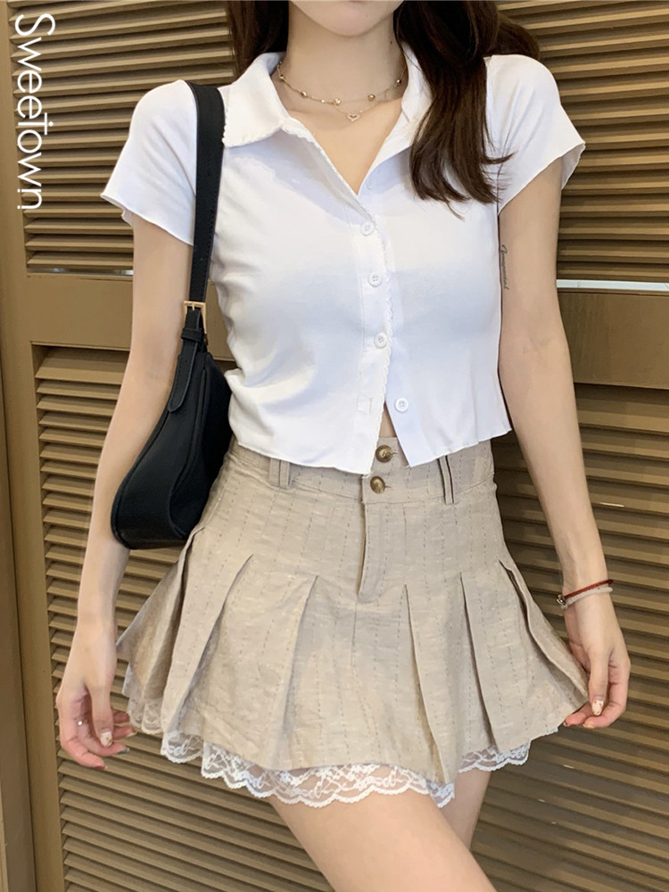 Sweetown Korean Fashion Khaki Short Skirt Lace Trim Cute Pleated Skirts Womens Preppy Style Button Up High Waist Summer Skirt 220701
