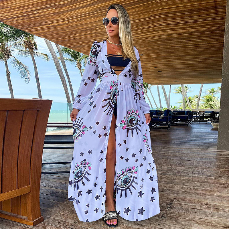 Leaves Print Bikini Beach Cover up Tunics for Long Kaftan Robe de Plage Sarong Swimsuit cover s 220704gx