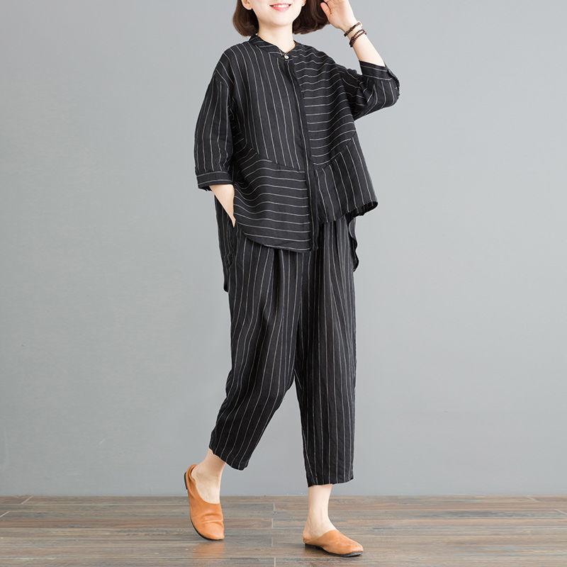 Women's Two Piece Pants Women 2022 Summer Fashion Cotton Linen Suits Female Striped Short-sleeved Shirt Ladies Loose Harem Sets R27, Black
Women's Two Piece Pants Women 2022 Summer Fashion Cotton Linen Suits Female Striped Short-sleeved Shirt Ladies Loose Harem Sets R27, Black