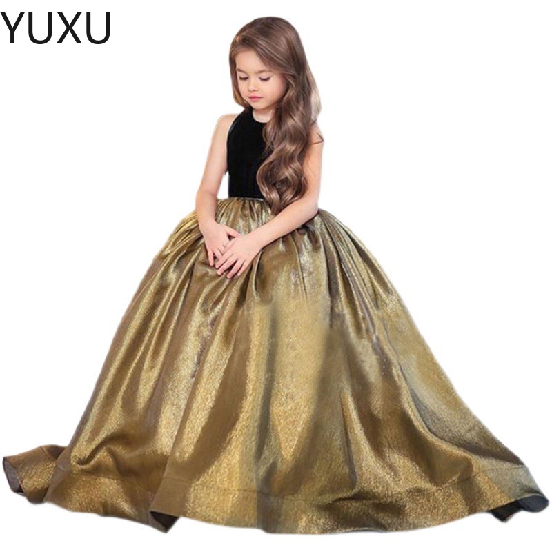gold Shiny Flower Girl Dresses Sequin Sleeveless Fluffy Little Princess Birthday Party Pageant Gown Backless Black Holy Communion Girl Dresses
