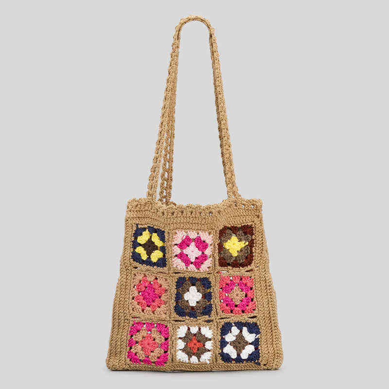 Bohemain Crochet Women Shoulder Bags Granny Square Tote Casual Knitted Handbags Handmade Woven Summer Beach Small Purse 220705