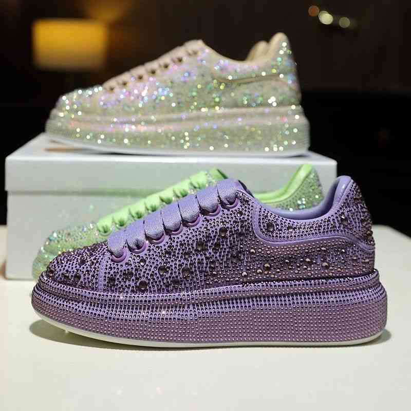 First Layer Cowhide Women's Shoes Casual Purple Dad's Board Full of Diamond Crystal