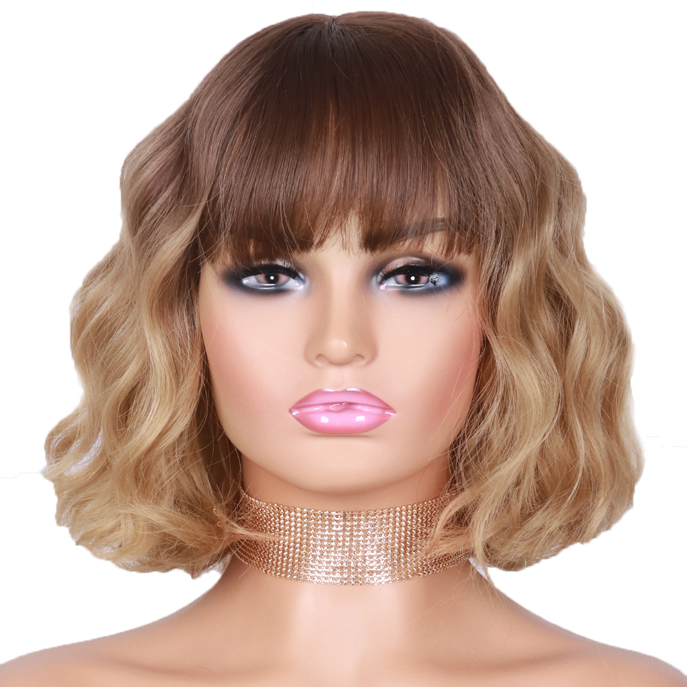 Short Brown Wig Synthetic Wigs with Bangs for Women Blonde Water Wave Natural Bob Wigs Heat Resistant False Hair