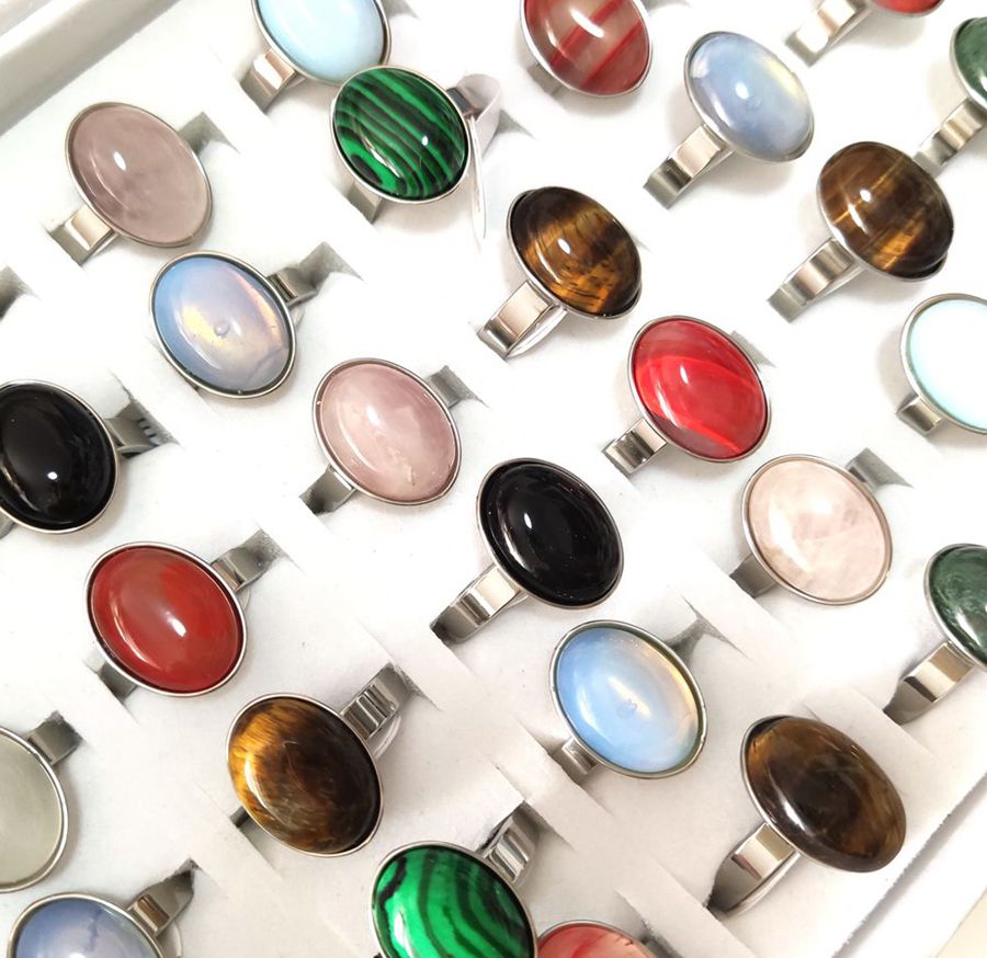 Wholesale 30pcs/lot Colorful Stone Ring For Women Vintage Mix Stone Stainless Steel Party Rings Female Charm Beautiful Rings New Jewelry