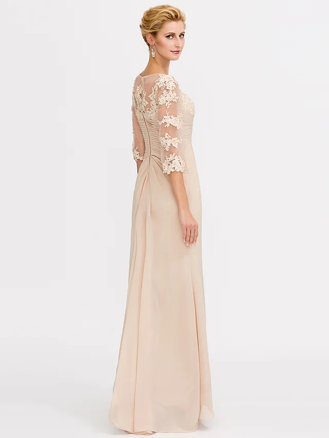 Champagne A-Line Mother of the Bride Dress 2025 Elegant V Neck Floor Length Chiffon Sheer Lace Half Sleeve Wedding Party Gowns