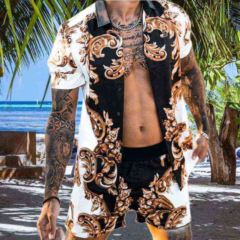 Shirt with Shorts Men Suit Summer Flower Shirt Shorts Loose Fashion Running Leisure Track Suit Casual Beach Two Pieces Set G220414