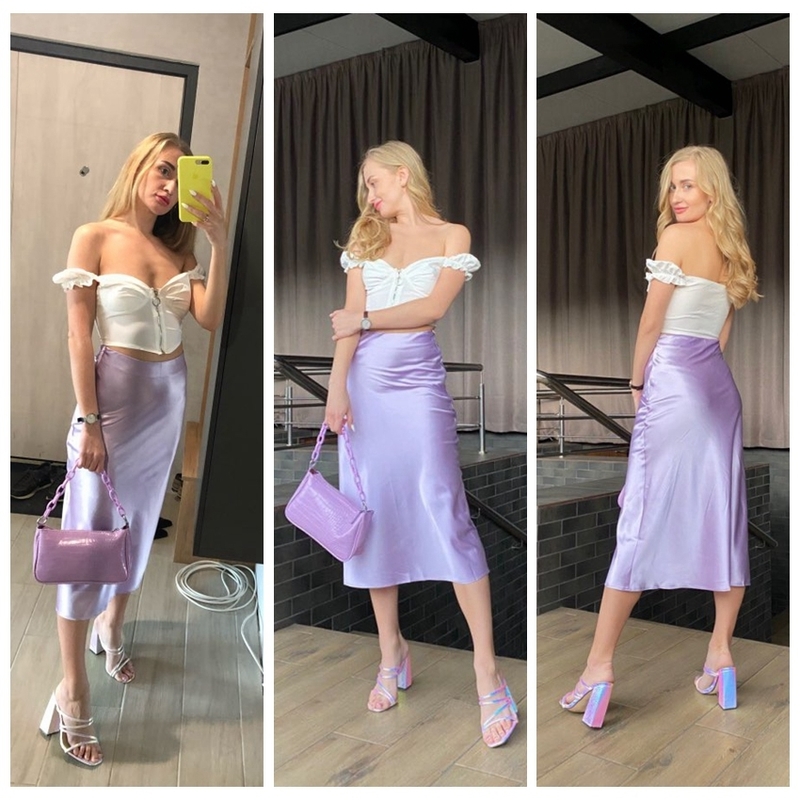 Mnealways18 Solid Purple Satin Silk Skirt Women High Waisted Summer Long Elegant Ladies Office s Midi Spring 220317