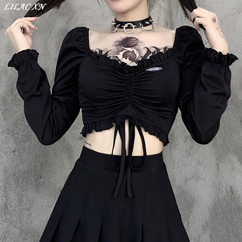 Goth Black Bodycon Crop Top Women's T-Shirts Aesthetic Sexy V-Neck Long Sleeve Corset Y2K Harajuku Vintage Korean Fashion Tops 220321