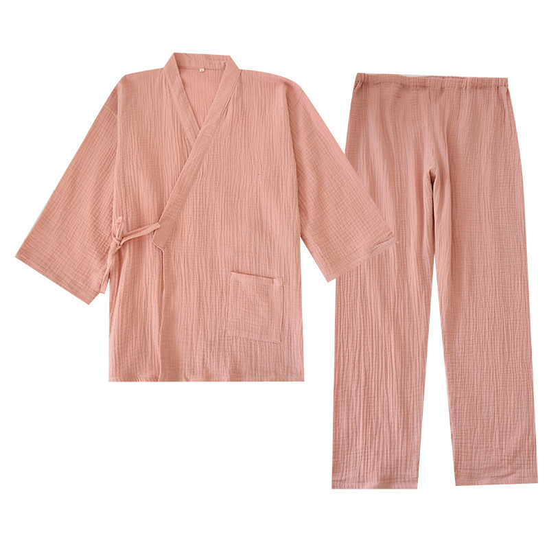 NHKDSASA Kimono Pajamas V-Neck Cotton Crepe Pijamas Women 2 Piece Set Double Layer Gauze Sleepwear Sleep Tops Men Homewear Mujer 220329