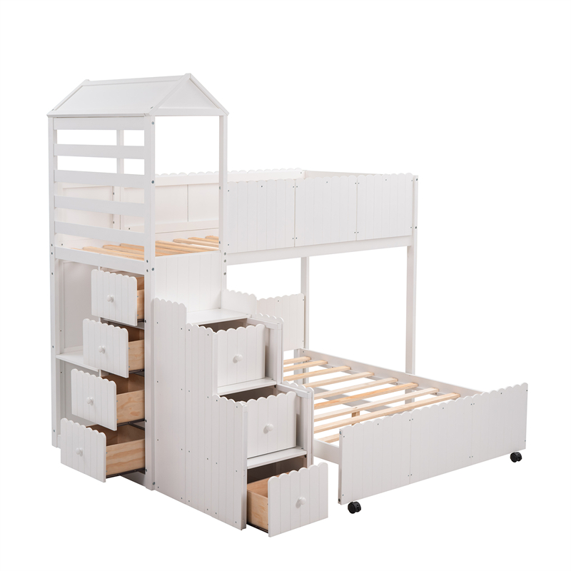 

2022 Bedroom Furniture Stairway Twin Over Full Bunk Bed House Bed with Two Shelves and Seven Drawers White