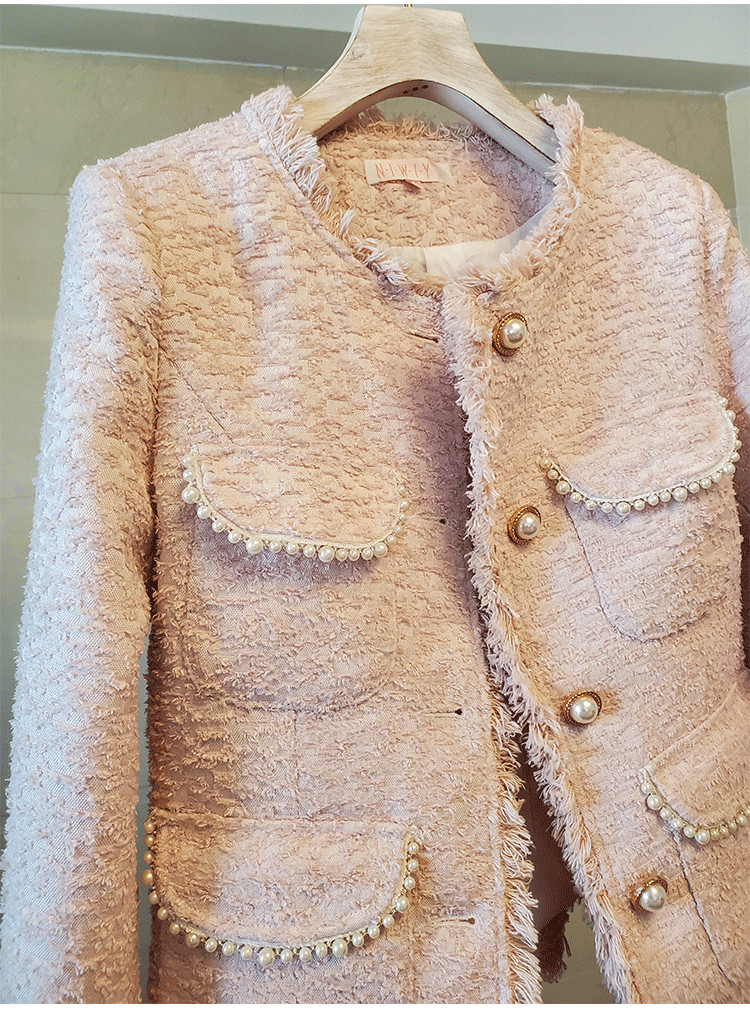 New Autumn fashion womens o-neck tassel fringe single breasted tweed woolen beading jacket coat plus size casacos SML