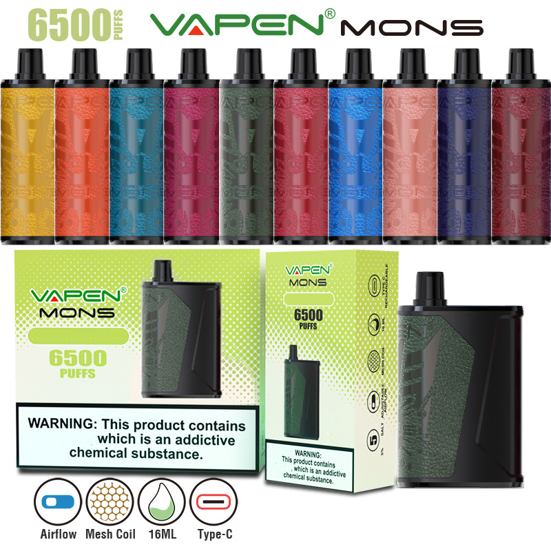Authentic VAPEN MONS 6500Puffs Disposable e cigarettes Kit Vape Device 16ML e-Liquid Mesh Coil Airflow Adjustable Type-C Rechargeable Leather Patch Design Mod Vapor, Mix colors
Authentic VAPEN MONS 6500Puffs Disposable e cigarettes Kit Vape Device 16ML e-Liquid Mesh Coil Airflow Adjustable Type-C Rechargeable Leather Patch Design Mod Vapor, Mix colors