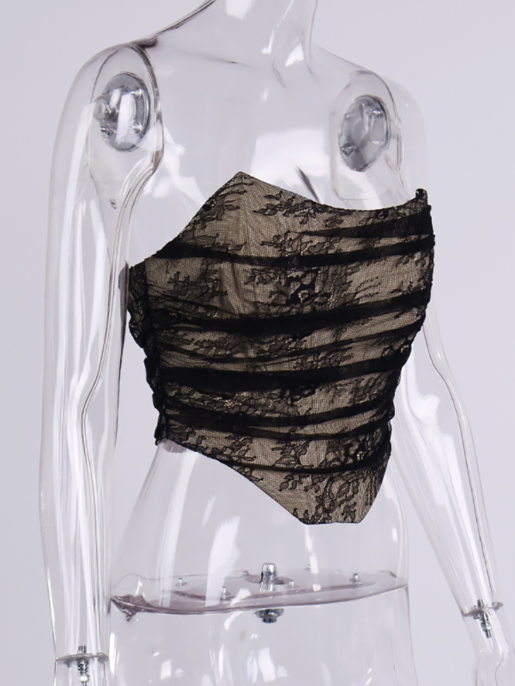 Asia Black Lace Bustier Tops Patchwork Strapless Lining Boning Zipper Bodycon Corset Crop Top Women Sexy Club Party Outfits 220325