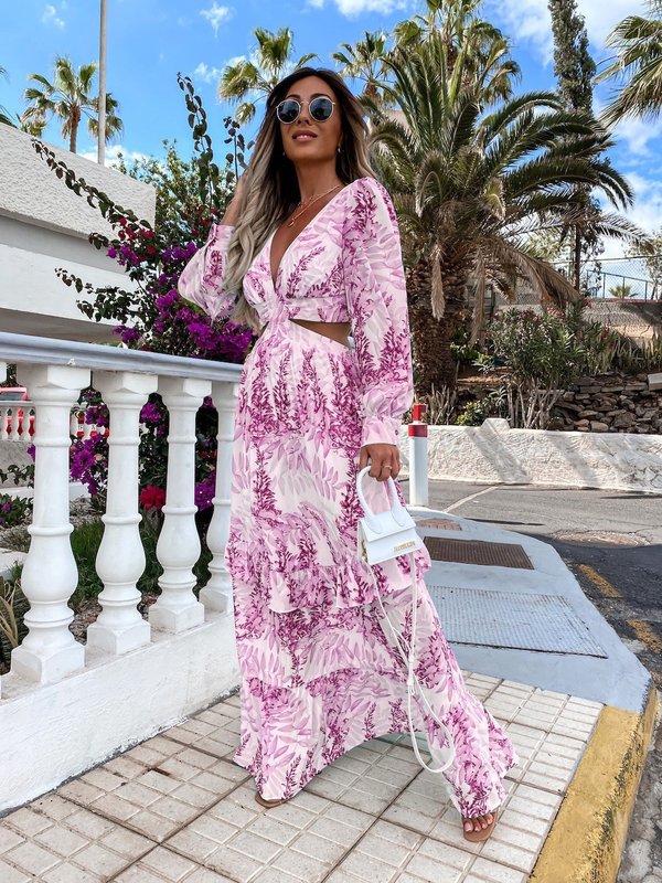 Women Boho Maxi Dress Summer Sexy V-Neck Hollow Out Lantern Sleeve Party Club Dresses Backless Beach Cover Up Female Robe Dress 220627