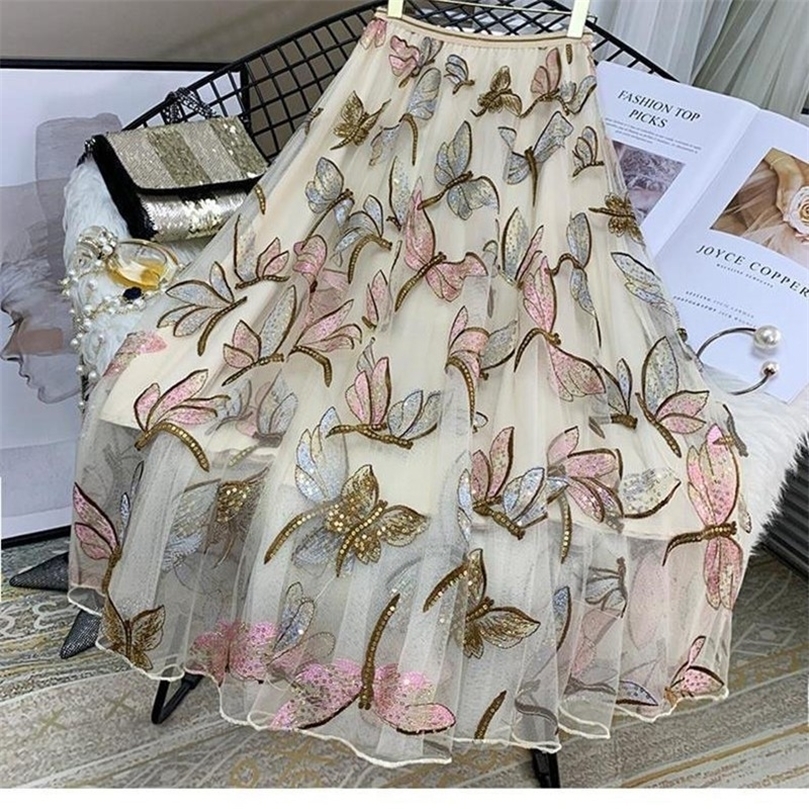 Sequin Mesh Embroidery Dragonfly Long Skirt Women's Spring And Summer Slim High Waist Pleated Sweet Midi Tulle Skirts Female 220317