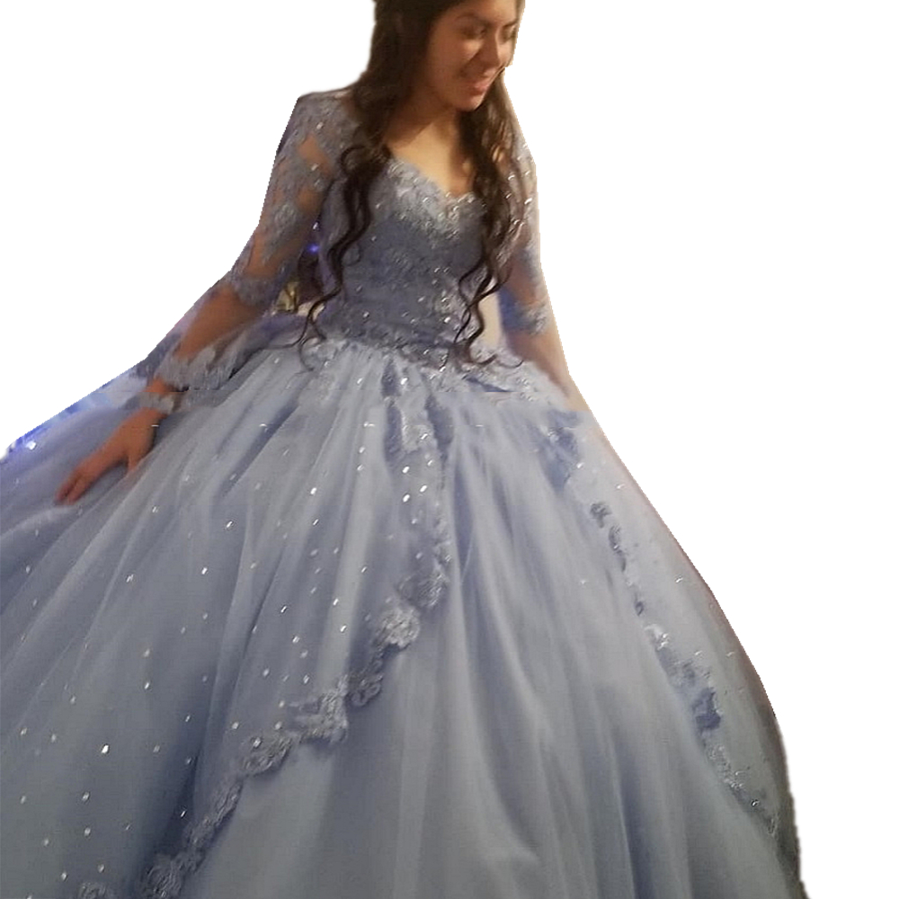 Charming Princess Quinceanera Dresses Ball Gown Bell Long Sleeve Light Sky Blue Lace Tulle Prom Debutante Sixteen Girls Sweet 16 Dress Juniors vestido