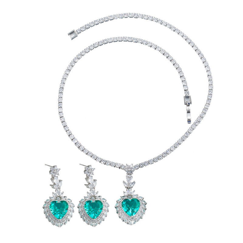 Sparkling wedding designer jewelry set heart tennis necklace earring african jewelry sets Blue Green AAA Zirconia Woman Diamond Earrings Necklaces Din